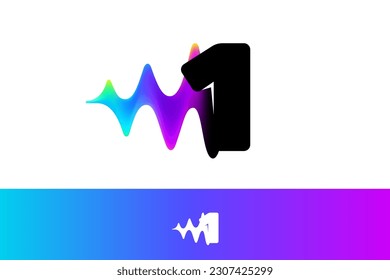 1 logo. Number one with sound wave flow. Vibrant line glitch effect. Multicolor neon gradient icon. Vector font for audio label, multimedia advertising, DJ posters, game screens, music identity.