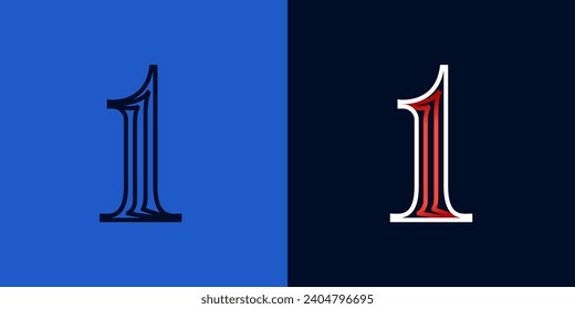 1 logo. Number one sport style icon. Blue and red lines font. Patriotic emblem for Independence Day. Serif type for college baseball team, basketball uniform, vintage style headlines, motor magazine