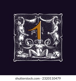1 logo. Witchcraft number one sign. Gothic medieval initial. Devil, cancer and ghosts in hell. Engraving drop cap with dots pattern. Alchemy font for Halloween invitations, pagan black magic labels.