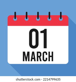 1 March Calendar.  Blue Background. 
Vector Calendar.