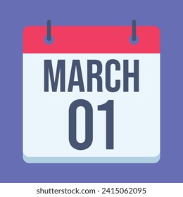 1 March Calendar. Blue Background. Vector Calendar.
