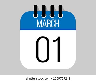 1 March calendar icon. Blue calendar vector for March weekdays. Calendar page design on isolated background