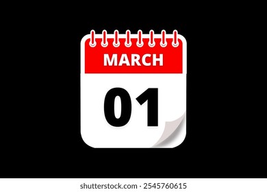 1 março calendário ícone página de texto design mensal web em vermelho, branco e preto fundo vetor, ícone, ou ilustração com o mês de março 1