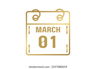 1 March calendar icon text page monthly web design on golden and white background vector, icon, or illustration with the month of March 1