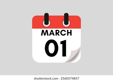 1 March calendar icon text page monthly web design on red, white, black and ash background vector, icon, or illustration with the month of March 1