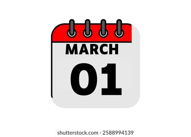 1 March calendar icon text page monthly web design on red, black and white background vector, icon, or illustration with the month of March 1