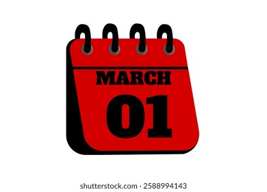 1 March calendar icon text page monthly web design on red, black and white background vector, icon, or illustration with the month of March 1