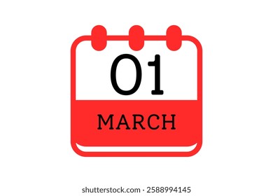 1 March calendar icon text page monthly web design on red, black and white background vector, icon, or illustration with the month of March 1