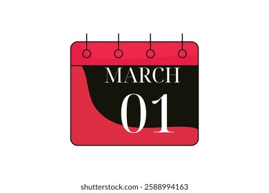 1 March calendar icon text page monthly web design on red, black and white background vector, icon, or illustration with the month of March 1