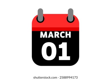 1 March calendar icon text page monthly web design on red, black and white background vector, icon, or illustration with the month of March 1