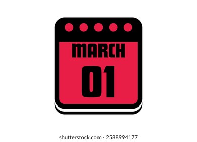 1 March calendar icon text page monthly web design on red, black and white background vector, icon, or illustration with the month of March 1
