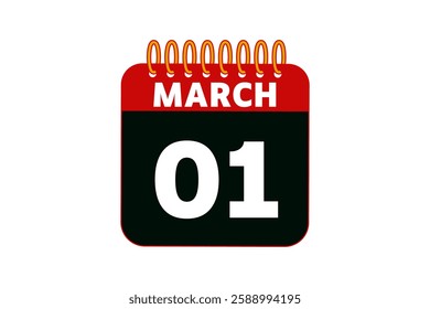 1 March calendar icon text page monthly web design on red, black and white background vector, icon, or illustration with the month of March 1