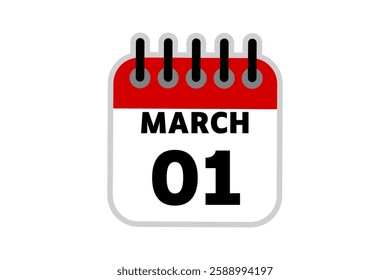 1 March calendar icon text page monthly web design on red, black and white background vector, icon, or illustration with the month of March 1