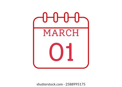 1 March calendar icon text page monthly web design on red and white background vector, icon, or illustration with the month of March 1