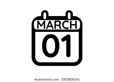 1 March calendar icon text page monthly web design on black and white background vector, icon, or illustration with the month of March 1