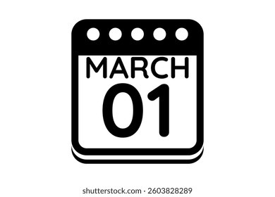 1 March calendar icon text page monthly web design on black and white background vector, icon, or illustration with the month of March 1