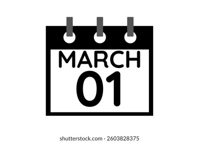 1 March calendar icon text page monthly web design on black and white background vector, icon, or illustration with the month of March 1