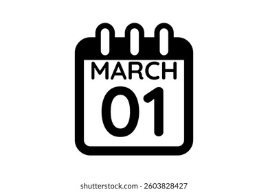 1 March calendar icon text page monthly web design on black and white background vector, icon, or illustration with the month of March 1