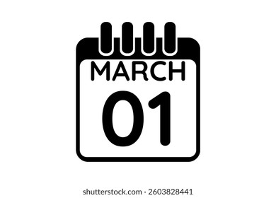 1 March calendar icon text page monthly web design on black and white background vector, icon, or illustration with the month of March 1