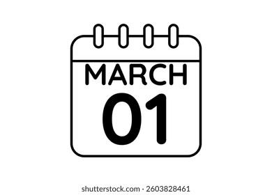 1 March calendar icon text page monthly web design on black and white background vector, icon, or illustration with the month of March 1