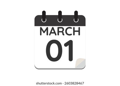 1 March calendar icon text page monthly web design on black and white background vector, icon, or illustration with the month of March 1