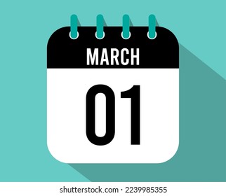 1 March calendar icon. Vector black for the month of March with shadow effect