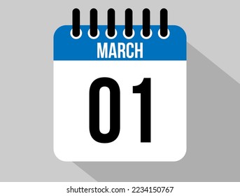 Icono vectorial del calendario 1 de marzo. Fecha de la Marcha Azul para los días del mes y de la semana en un fondo claro