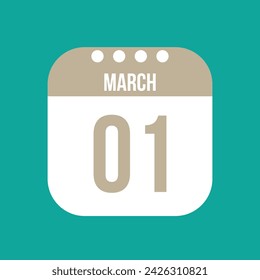 1 March calendar vector icon. White March date for the days of the month and the week on a light background