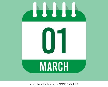 1 March day calendar icon. Calendar page in green color for the days of March. Month design for appointments and anniversaries