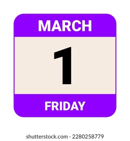 1 de marzo, viernes. Plantilla de fecha. Diseño útil para la promoción de calendarios o eventos. Ilustración vectorial Archivo EPS 10. Aislado sobre fondo blanco. 