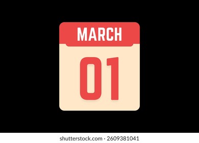 1 March icon text page monthly web design on coral, white, tangerine and black background vector, icon, or illustration with the month of March 1