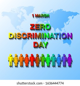 1 March Zero Discrimination Day rainbow text on blue world map