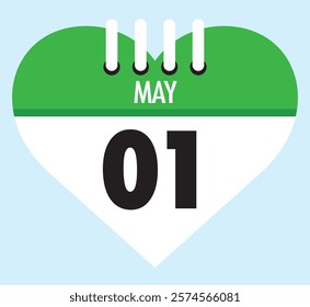 1 May calendar icon green heart shape on light sky blue color background, calendar vector symbol for the month of May.