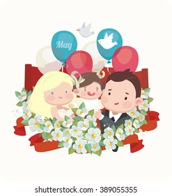 1 May, celebration of Spring and Labour,  flowers, ribbon and doves, balloons