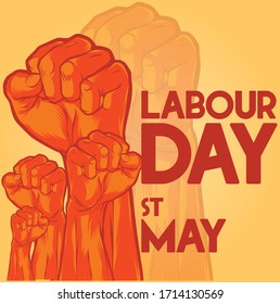 1 MAY - May Day, Labour Day. illustration of workers' struggle with their hands balled into fists