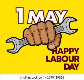 1 may Happy Labor Day wrench in a fist colors banner. 1st may Worker's day spanner in arm illustration. International holiday card tool hand. Vector illustration