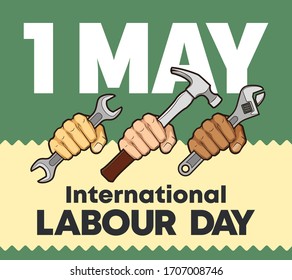 1 may Happy Labor Day wrench and hammer in a fists colors banner. 1st may Worker's day spanner & sledgehammer in arm illustration. International holiday card tool hand. Vector illustration