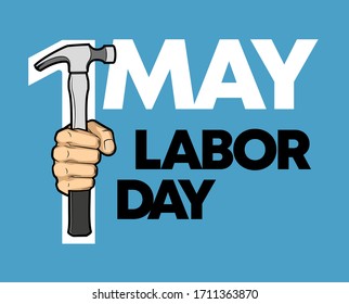 1 may Happy Labor Day hammer in a fist colors banner. 1st may Worker's day sledgehammer in arm illustration. International holiday card tool hand. Vector illustration