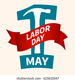 1 May. Happy Labor Day.Vector illustration with a orange number and a red ribbon on a light background.Labor Day logo Poster, banner, brochure or flyer design.Design elements icon label
