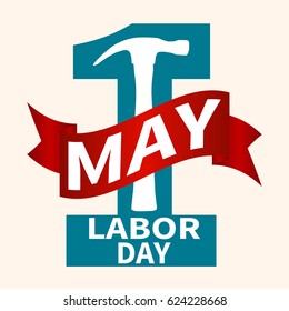 1 May. Happy Labor Day.Vector illustration with a orange number and a red ribbon on a light background.Labor Day logo Poster, banner, brochure or flyer design.Design elements icon label