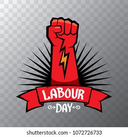 1 may - happy labour day. vector happy labour day poster or banner with clenched fist. workers day poster. labour day label or badge