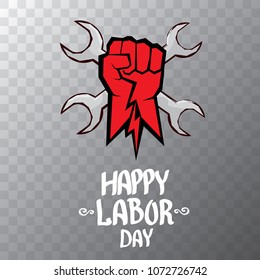 1 may - happy labour day. vector happy labour day poster or banner with clenched fist. workers day poster. labour day label or badge