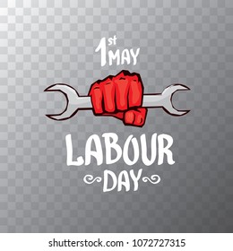 1 may - happy labour day. vector happy labour day poster or banner with clenched fist. workers day poster. labour day label or badge