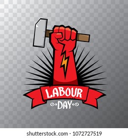 1 may - happy labour day. vector happy labour day poster or banner with clenched fist. workers day poster. labour day label or badge