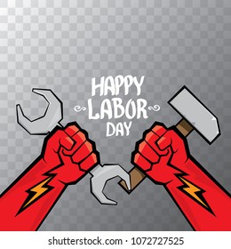 1 may - happy labour day. vector happy labour day poster or banner with clenched fist. workers day poster. labour day label or badge