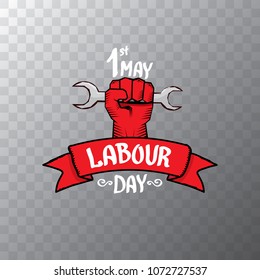 1 may - happy labour day. vector happy labour day poster or banner with clenched fist. workers day poster. labour day label or badge