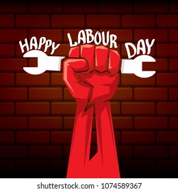 1 may - happy labour day. vector happy labour day poster or banner with clenched fist. workers day poster. labour day label or badge