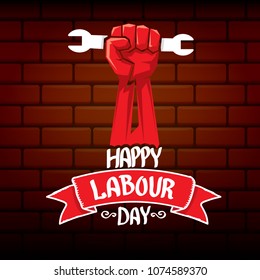 1 may - happy labour day. vector happy labour day poster or banner with clenched fist. workers day poster. labour day label or badge