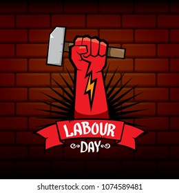 1 may - happy labour day. vector happy labour day poster or banner with clenched fist. workers day poster. labour day label or badge