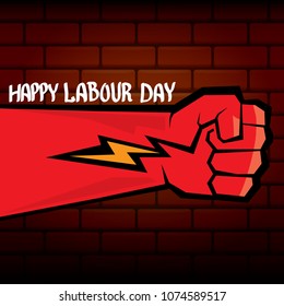 1 may - happy labour day. vector happy labour day poster or banner with clenched fist. workers day poster. labour day label or badge